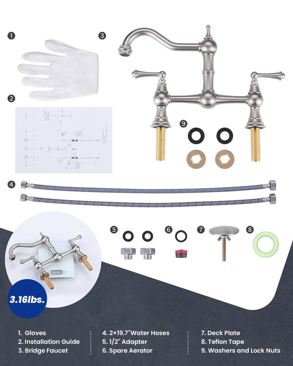 WOWOW Brass Bridge Kitchen Faucet 4 Hole with Side Sprayer, Brushed Gold
