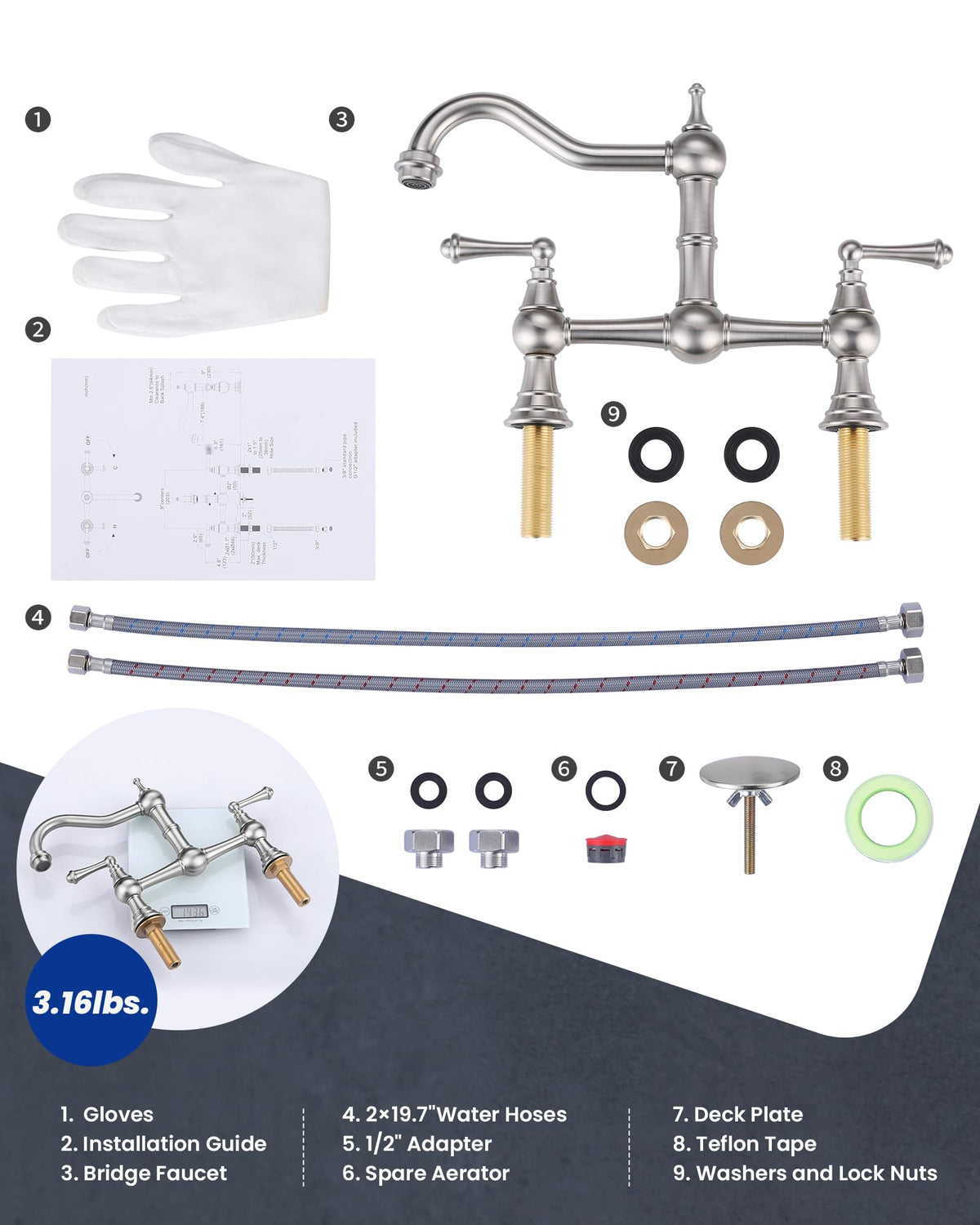 WOWOW Brass Bridge Kitchen Faucet 4 Hole with Side Sprayer, Brushed Gold