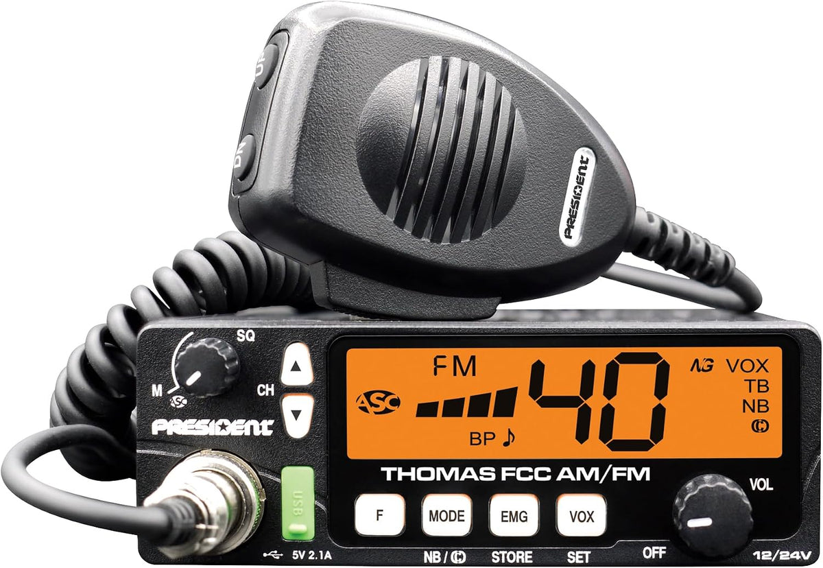 President Thomas FCC AM/FM CB Radio â 40 Channel, VOX Hands-Free, USB Port, ASC, Multi-Color LCD Display â 12/24V Compact Mobile Transceiver for Truckers & Off-Road Communication