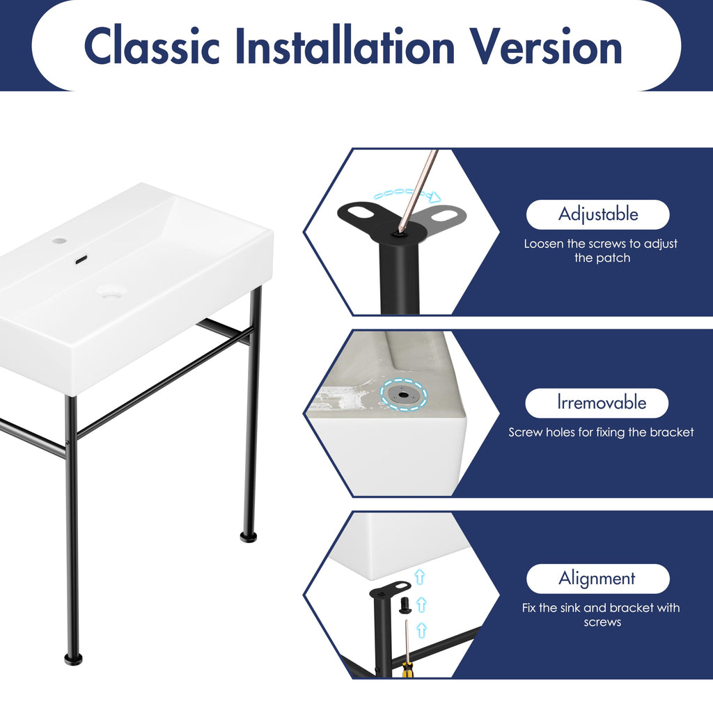 Eridanus 24"x16" Console Bathroom Sink, Free Standing 30 Inch Stainless Steel Support Pedestal Legs, Wall Mount White Vessel Ceramic Vanity Basin, Modern Rectangular Sinks Porcelain, Matte Black