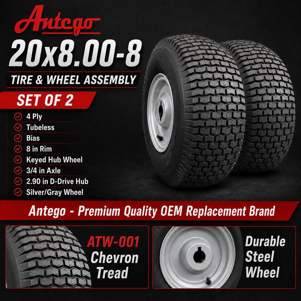 (Set of 2) 20x8.00-8 Lawn & Garden Mower Turf Tires - 4 Ply with Keyed Hub Wheel | Compatible with Husqvarna & Some Craftsman Models