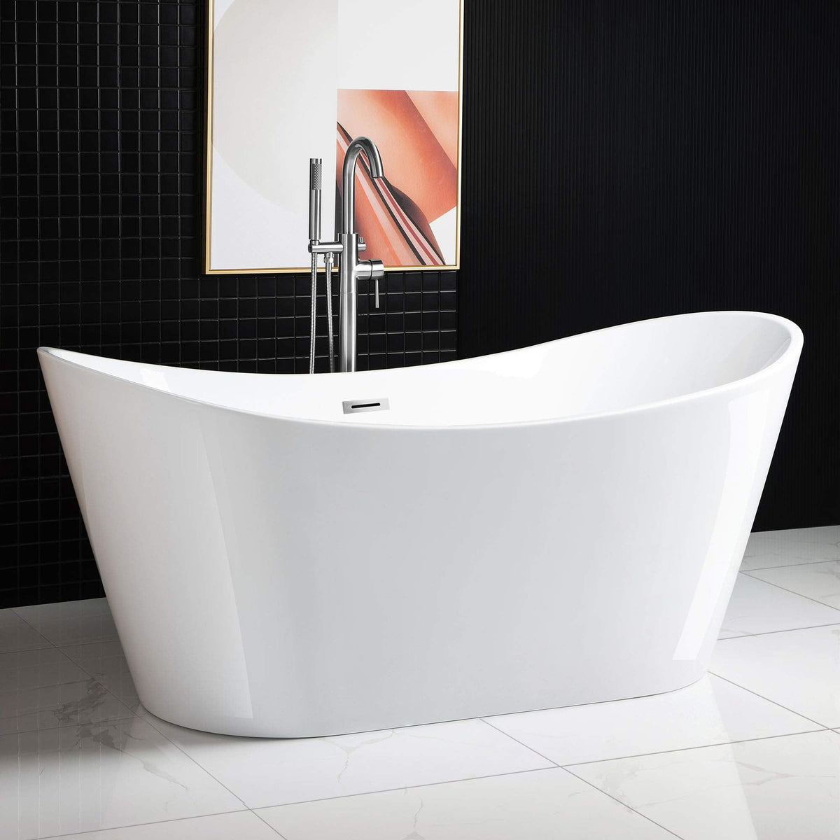WOODBRIDGE 67" Acrylic Freestanding Bathtub Contemporary Soaking White Tub with Brushed Gold Overflow and Drain,B0010-BG