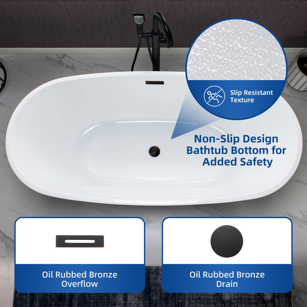 WOODBRIDGE 59"Freestanding White Acylic Soaking Bathtub with Brushed Nickel Drain and Overflow,BTA1518 -B/N-Drain &O