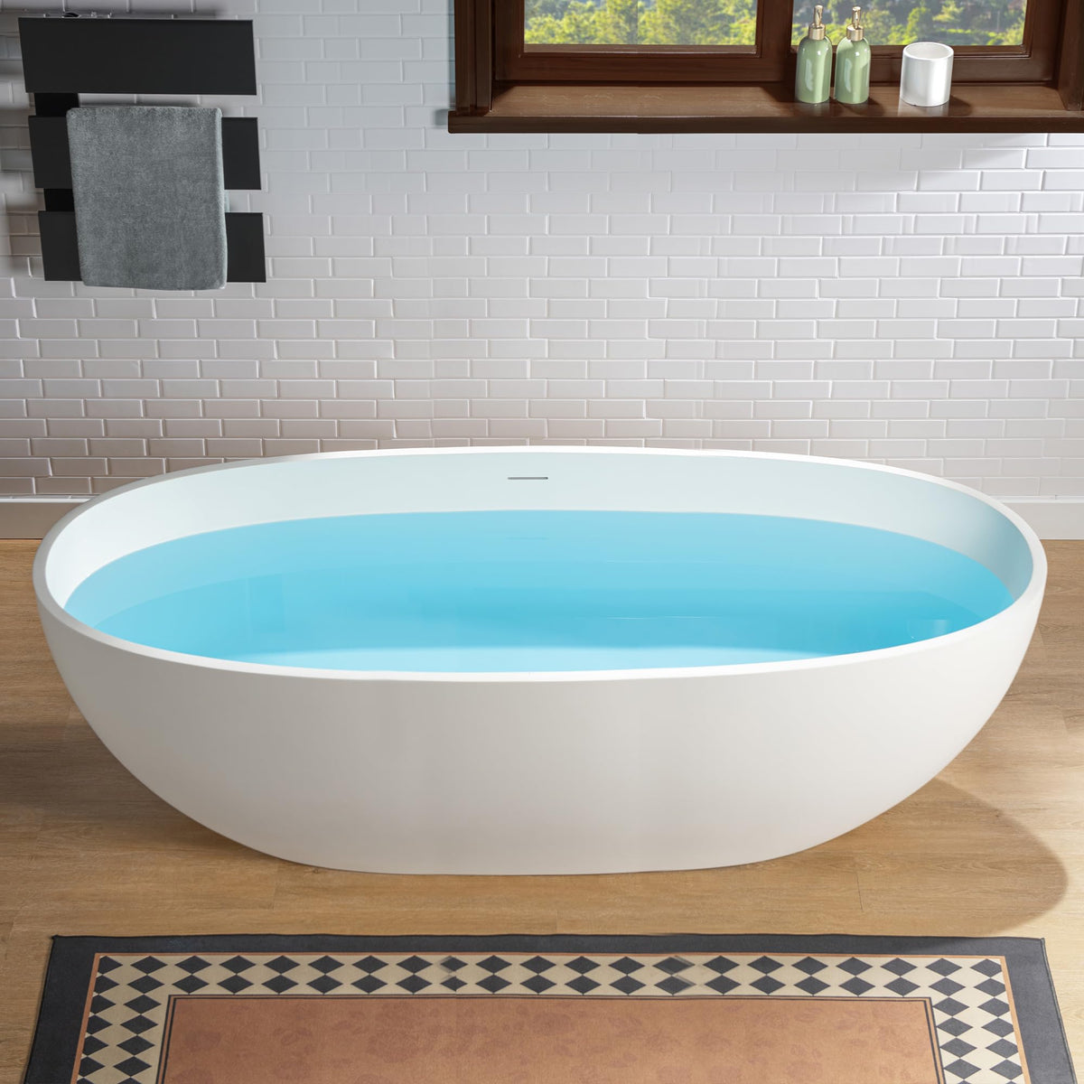 WOODBRIDGE 61" Stone Resin Freestanding Soaking Tub, Modern Oval Solid Surface Bathtub with Integrated Slotted Overflow & Drain, Matte White