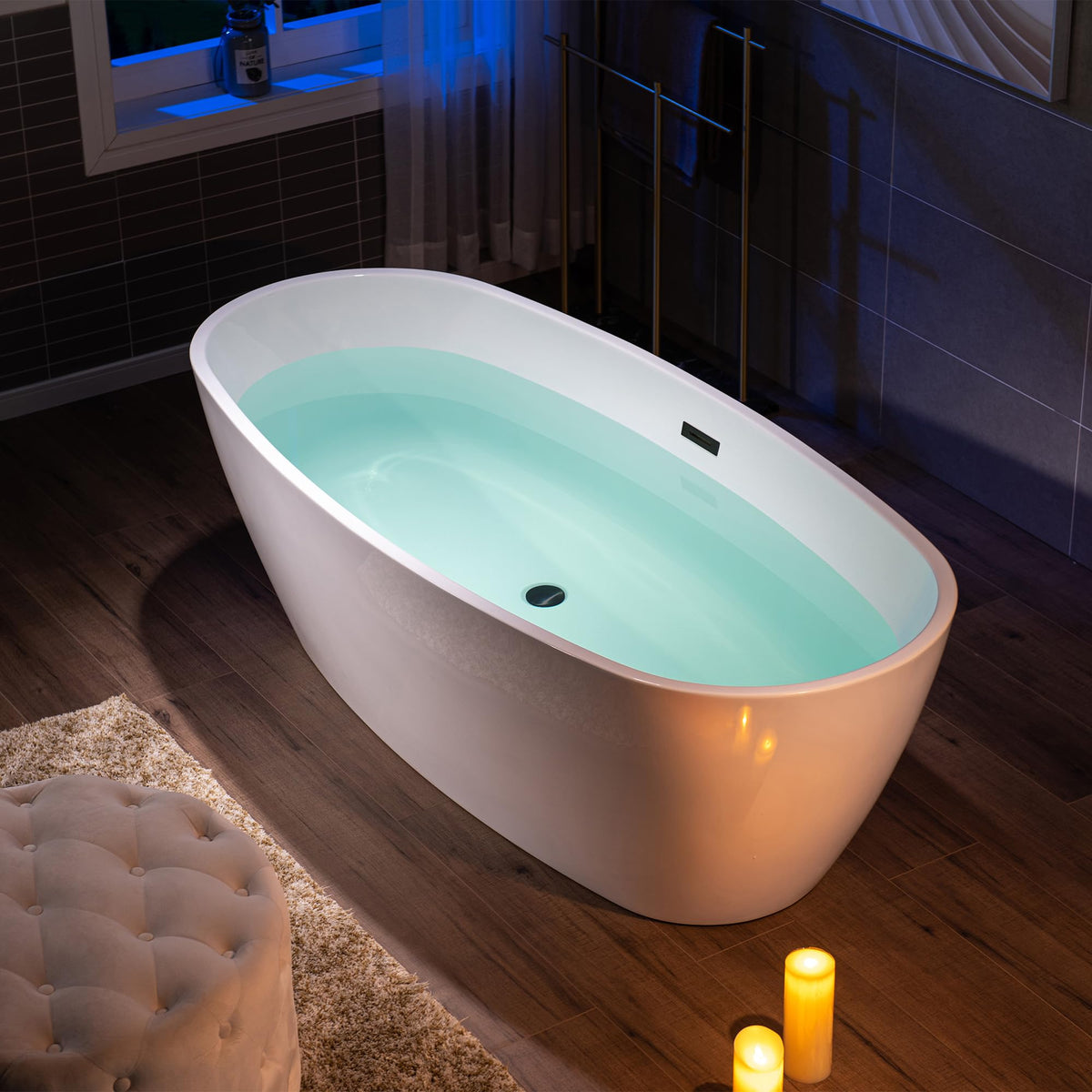 WOODBRIDGE 59"Freestanding White Acylic Soaking Bathtub with Brushed Nickel Drain and Overflow,BTA1518 -B/N-Drain &O