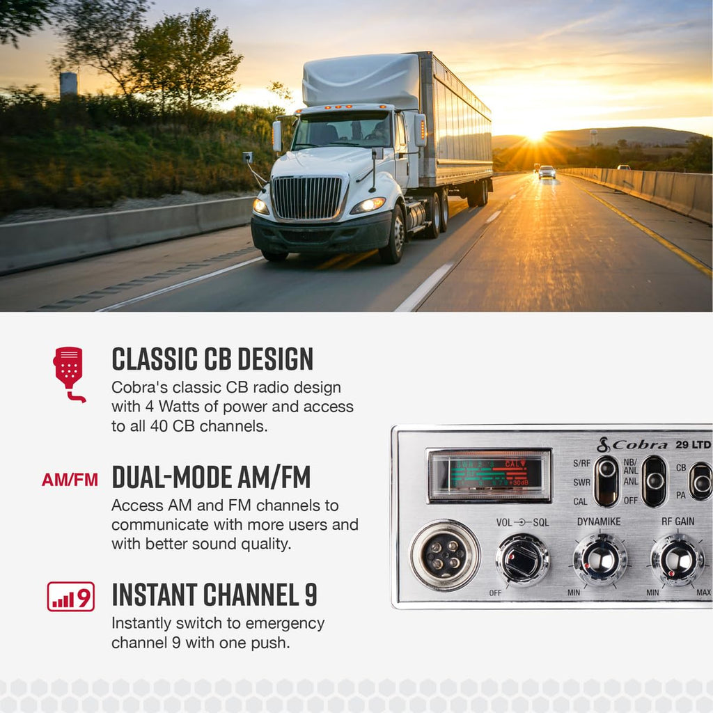Cobra 29 LTD Chrome AM/FM Professional CB Radio - Easy to Operate, Emergency Radio, Instant Channel 9, 4-Watt Output, Full 40 Channels, Adjustable Receiver and SWR Calibration, Chrome