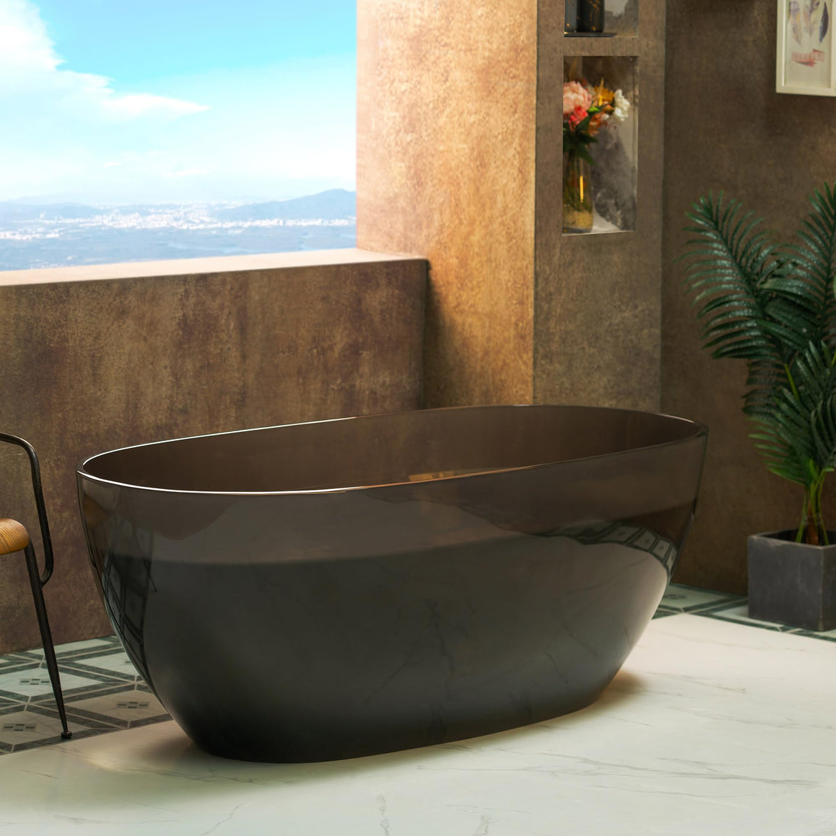 WOODBRIDGE 59" Stone Resin Freestanding Soaking Tub, Modern Oval Solid Surface Bathtub with Integrated Slotted Overflow & Drain, Matte White, B0055