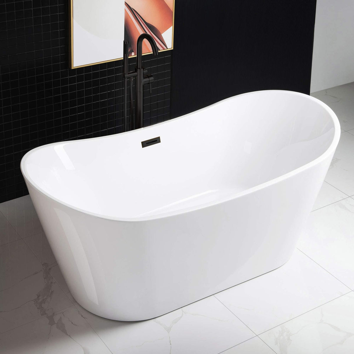 WOODBRIDGE 67" Acrylic Freestanding Bathtub Contemporary Soaking White Tub with Brushed Gold Overflow and Drain,B0010-BG