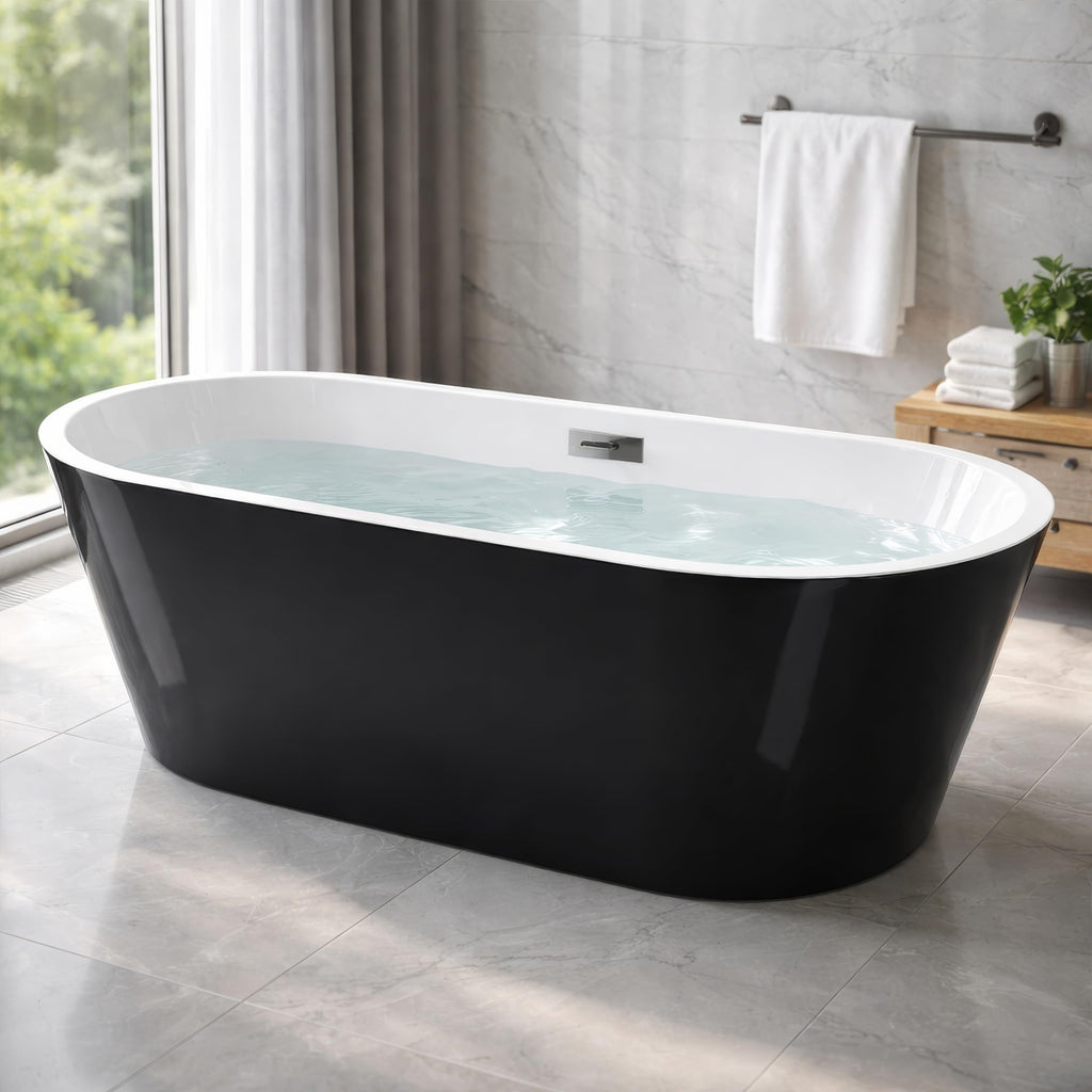 59" Acrylic Freestanding Bathtub, Modern Soaking Tub with Matte Drain and Overflow, Ergonomic Deep Design, Double-Walled Insulation, CUPC Certified, Easy Clean, Slip-Resistant, Gloss White