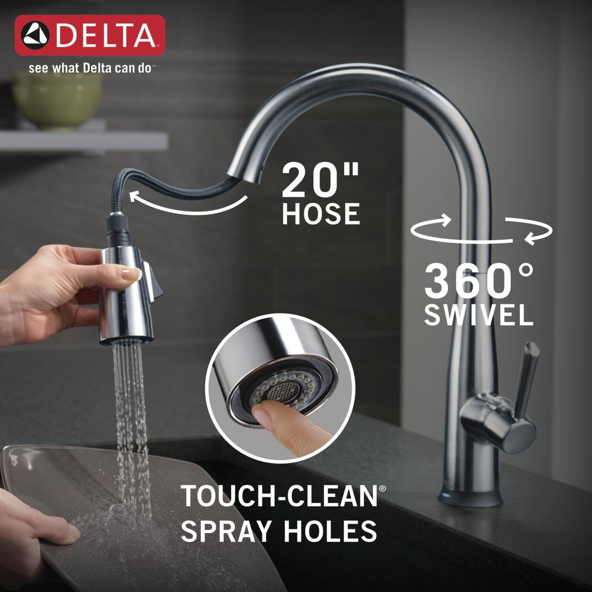 Delta Essa Brushed Nickel Kitchen Faucet with Pull Down Sprayer, Modern Single Hole Kitchen Sink Faucet, Single Handle, Arctic Stainless 9113-AR-DST
