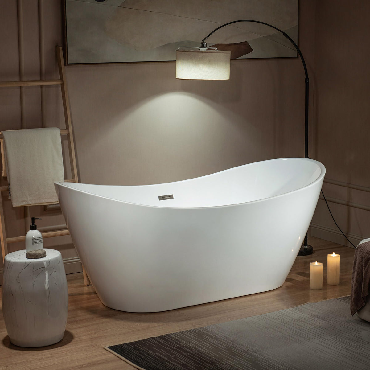 WOODBRIDGE 59" Acrylic Freestanding Bathtub Contemporary Soaking White Tub with Chrome Overflow and Drain
