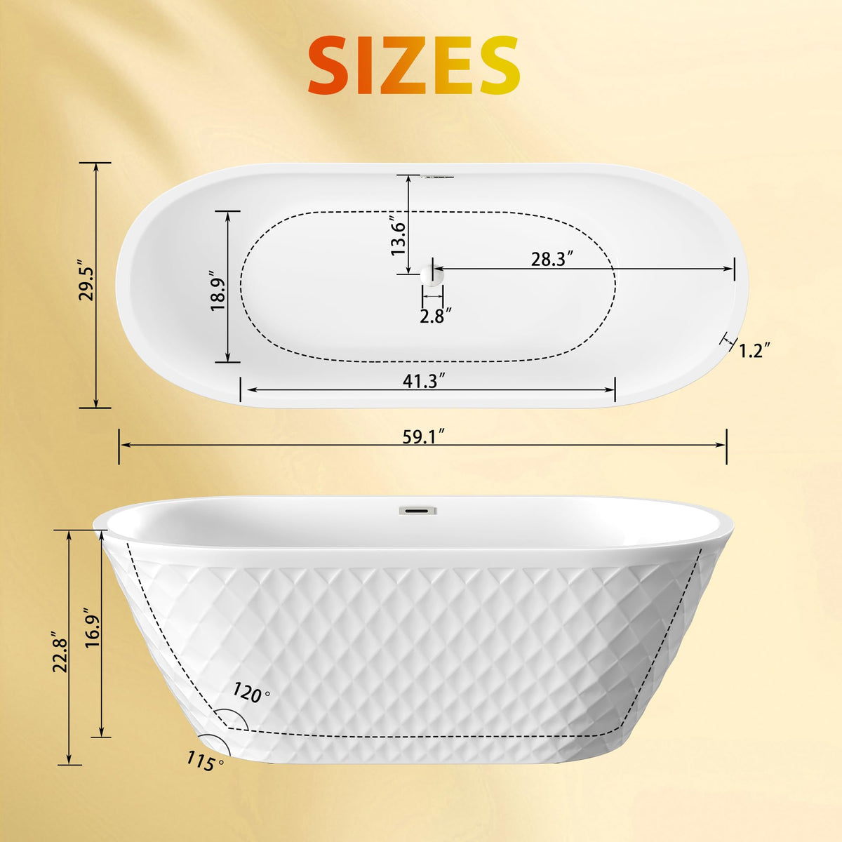 GDFStudio 67" Acrylic Freestanding Bathtub with Diamond Pattern, Modern Oval Soaking Tub, Freestanding Bath Spa Tub, Brushed Nickel Overflow & Pop-Up Drain, cUPC Certified, Glossy White