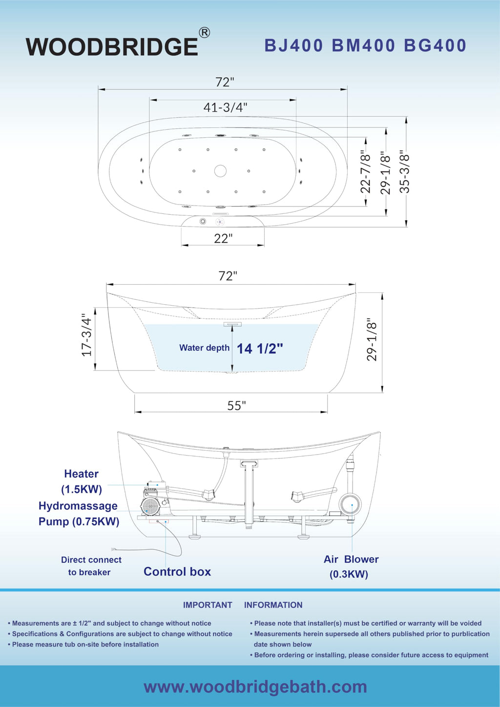 WOODBRIDGE 72"Ã35-3/8" Double Slipper Whirlpool&Air, Heated Soaking Bathtub