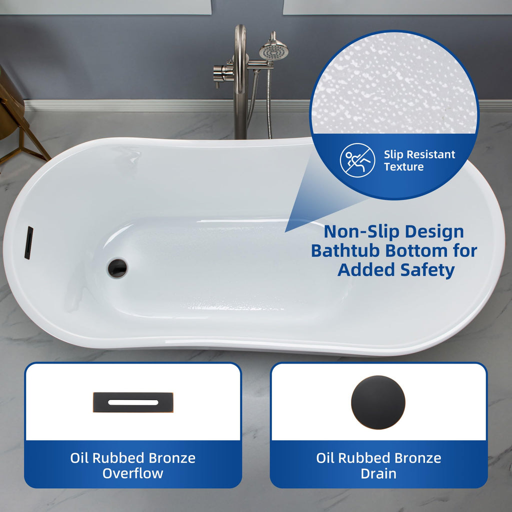 WOODBRIDGE 54"Freestanding White Acylic Soaking Bathtub with Brushed Nickel Drain and Overflow,BTA1507 -B/N-Drain &O