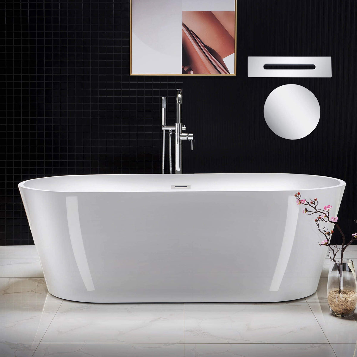 WOODBRIDGE 54" Acrylic Freestanding Bathtub Contemporary Soaking White Tub with Matte Black Overflow and Drain,BTA1702-MB