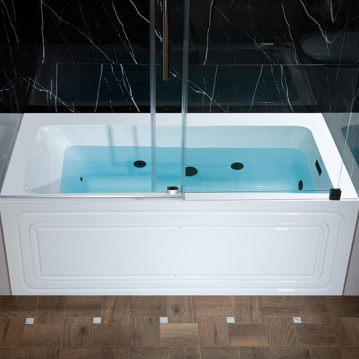 WOODBRIDGE 60" x 32" Alcove Acrylic Rectangular Whirlpool Heated Jetted Tub in White with Left Drain, Matte Black Finish, BS429-L-MB02