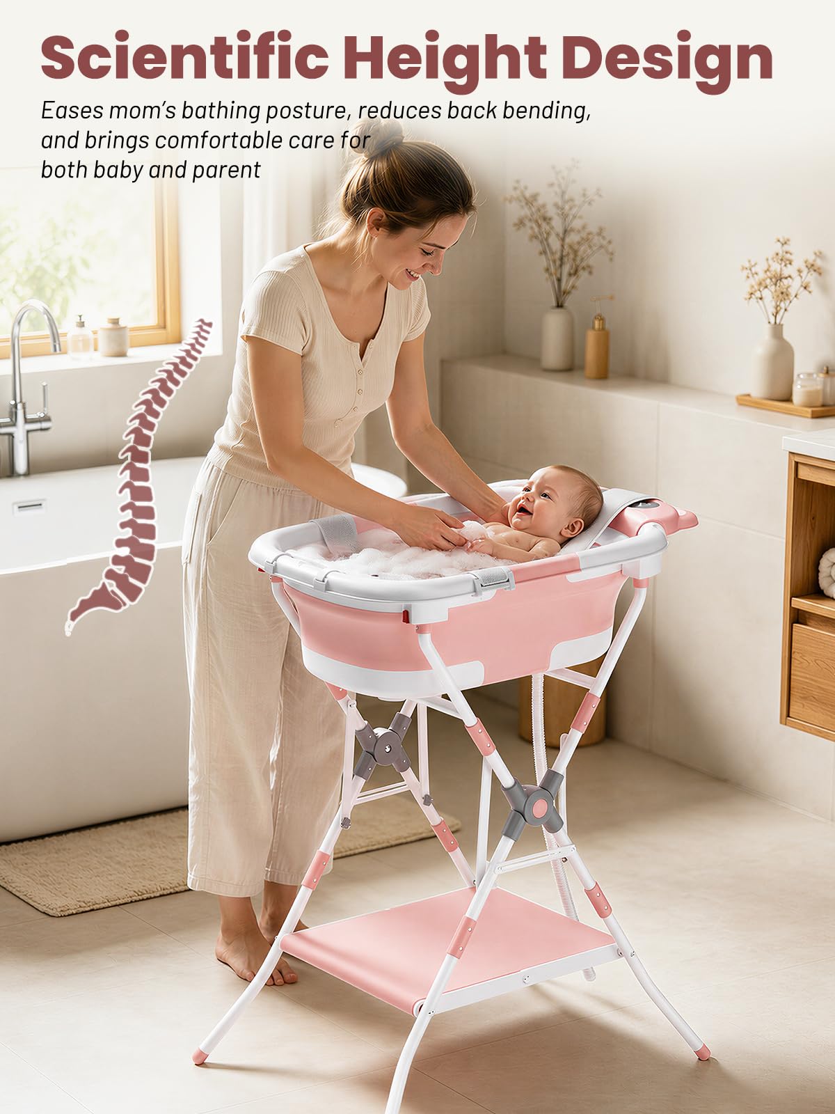 Baby Bathtub with Stand, Foldable Metal Standing Baby Bath Tub, 3-in-1 Anti-Slip Collapsible Tub with Cushion Storage Pad, Elevated Design for Newborn Toddler, Gray