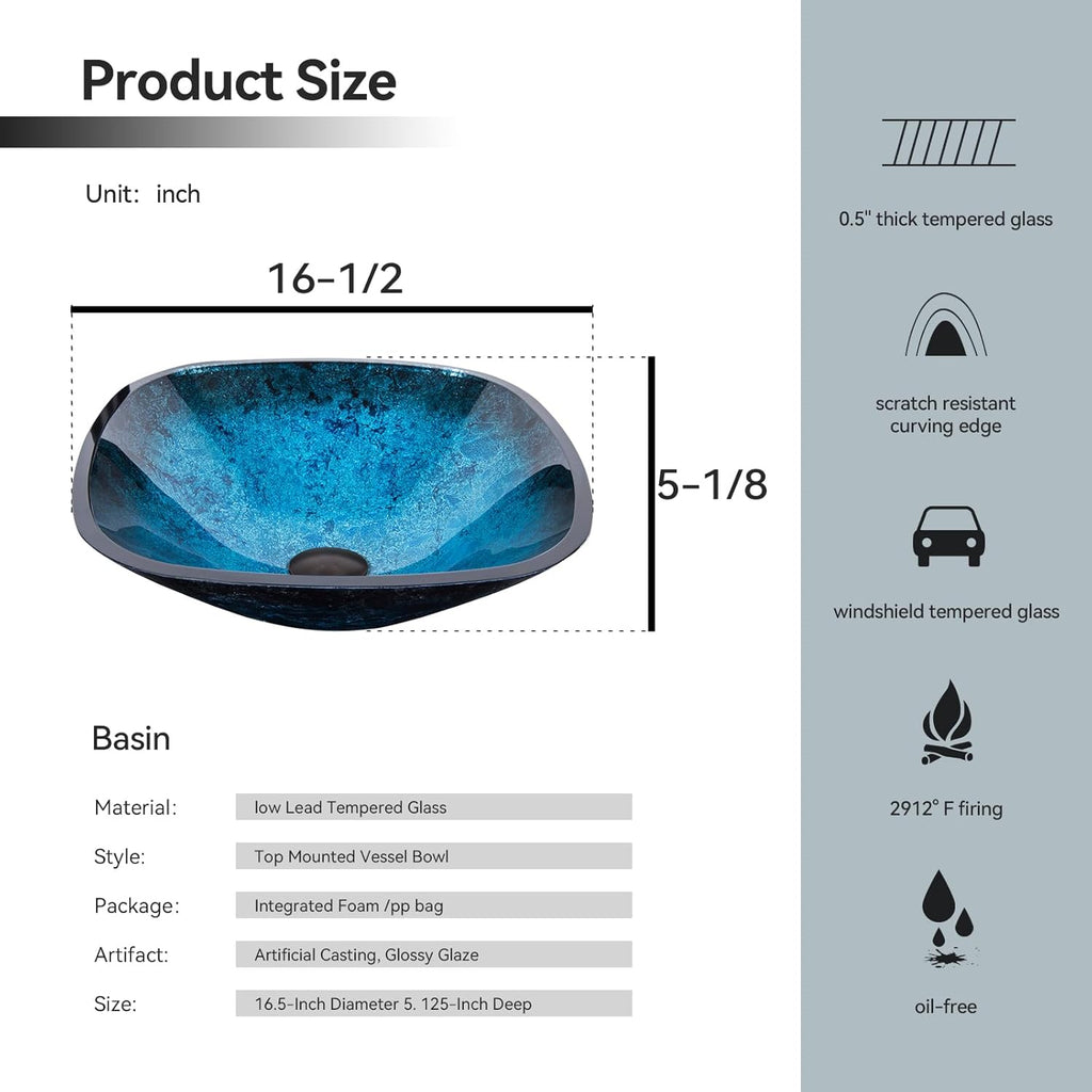 YOURLITE Bathroom Artistic Vessel Sink, Tempered Glass Countertop Bowl Sink