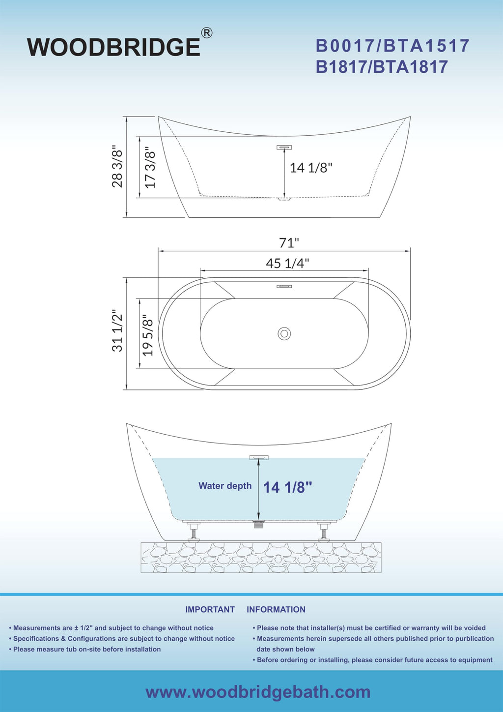 WOODBRIDGE 71"Freestanding White Acylic Soaking Bathtub with Brushed Nickel Drain and Overflow,B0017-BN