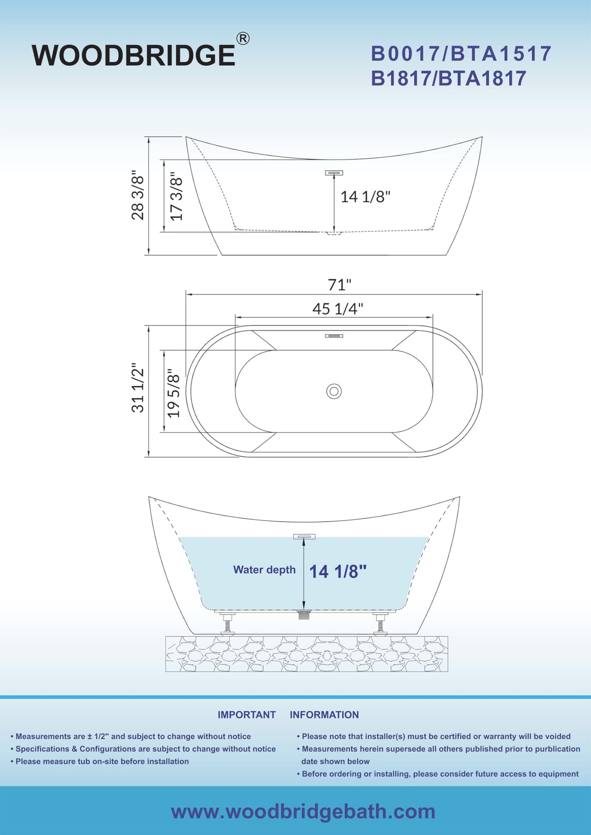 WOODBRIDGE 71" Acrylic Freestanding Bathtub Contemporary Soaking White Tub with Brushed Gold Overflow and Drain,B0017-BG
