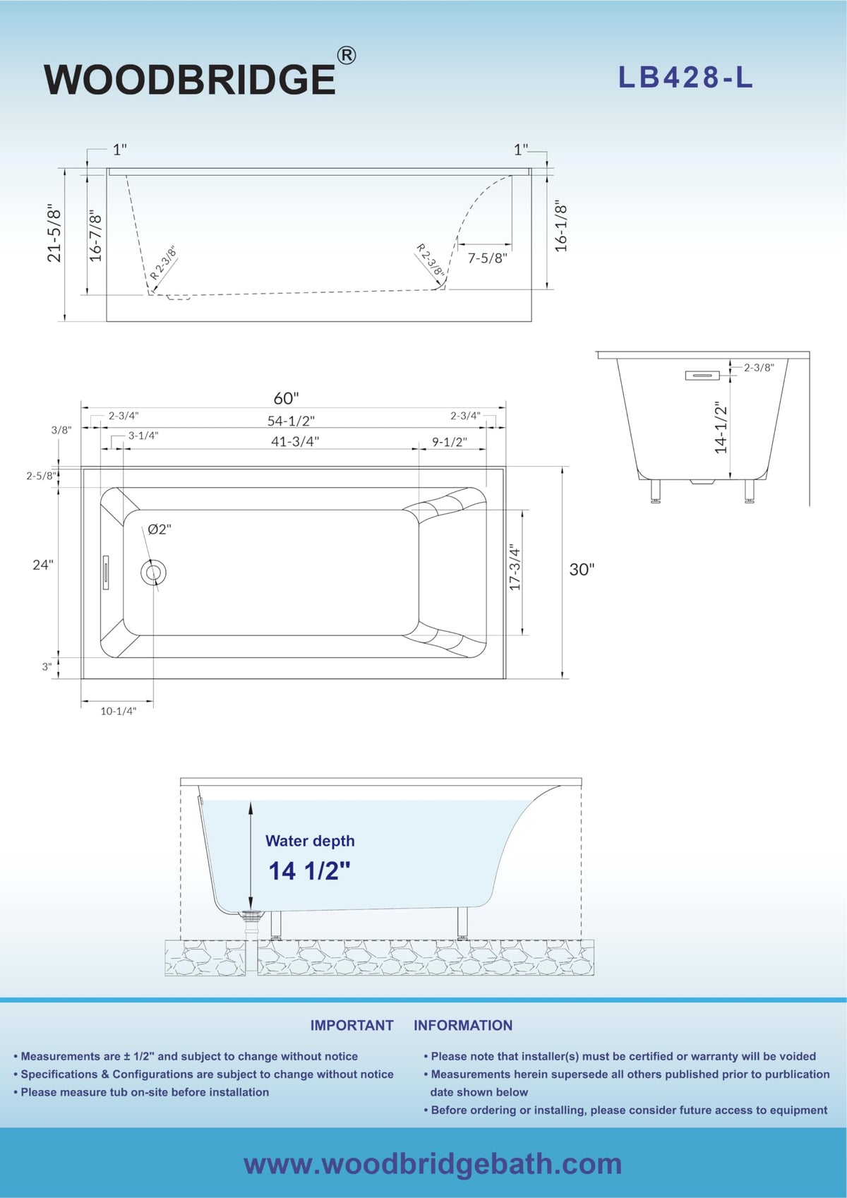 WOODBRIDGE 60" Acrylic Rectangular Alcove Soaking Bathtub in White with Left Drain, Brushed Nickel pop-up Drain Included, LB428-L