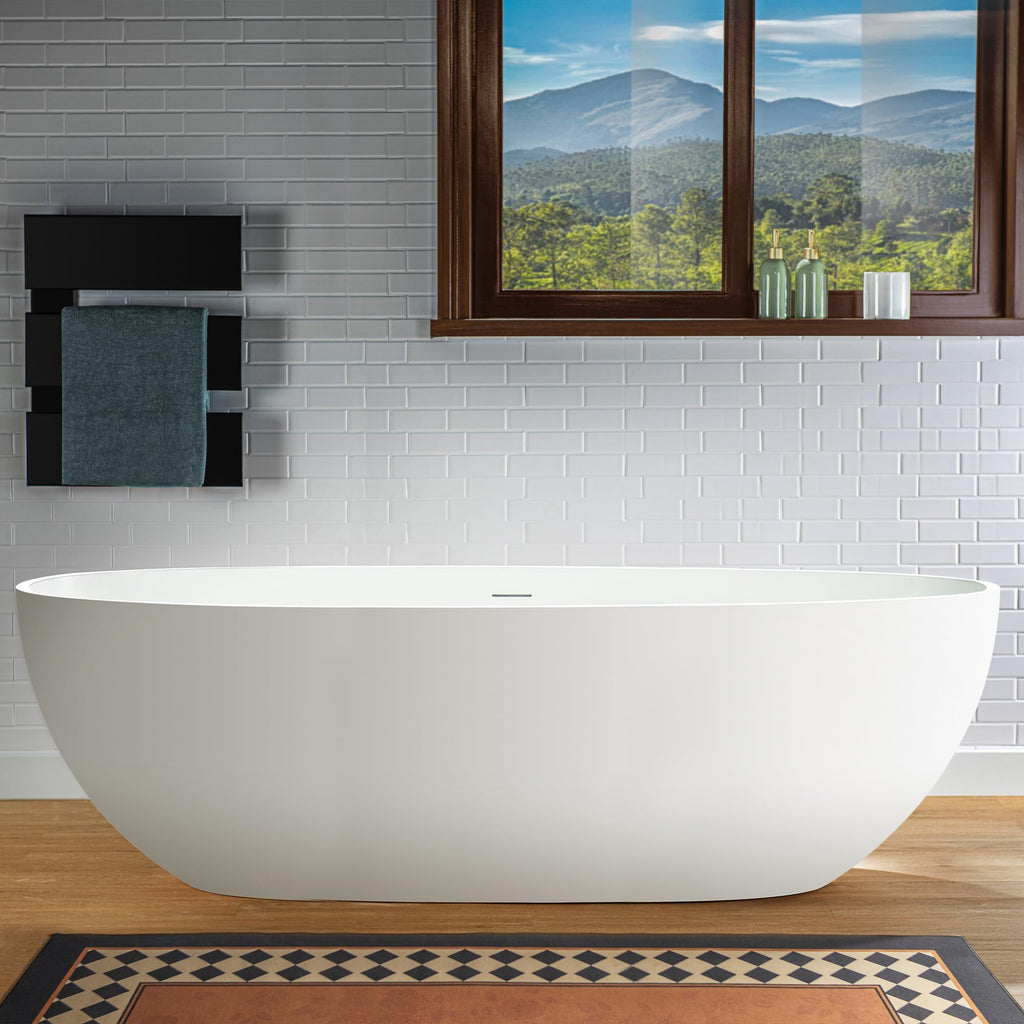 WOODBRIDGE 61" Stone Resin Freestanding Soaking Tub, Modern Oval Solid Surface Bathtub with Integrated Slotted Overflow & Drain, Matte White