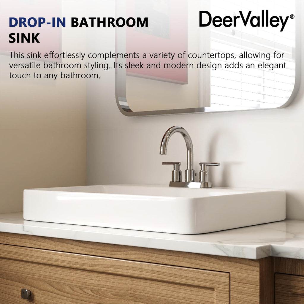 DeerValley Drop In Bathroom Sink White 21"x18" Rectangle Sleek 3-Hole Basin