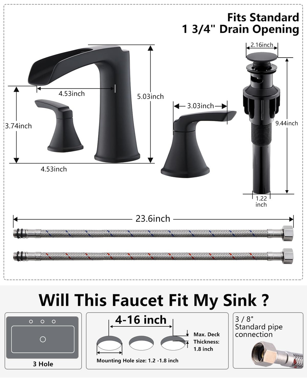 Fapully Brushed Nickel Bathroom Faucet 3 Hole, Waterfall 8 Inch Widespread Bathroom Sink Faucet with Pop-up Drain, Two-Handle Faucet for Bathroom Sink