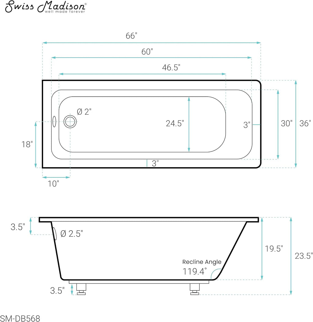 Swiss Madison Voltaire 66" x 36" Reversible Drain Drop-In Bathtub