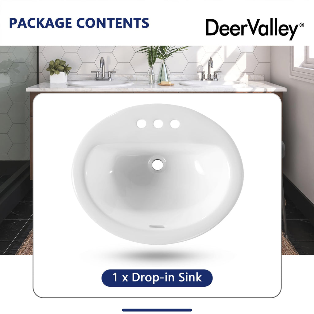 DeerValley Drop In Bathroom Sink White 21"x18" Rectangle Sleek 3-Hole Basin