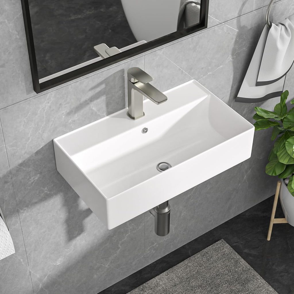 Lordear Wall Mount Bathroom Sink 21x12 Inch White Rectangle Sink with Overflow Porcelain Ceramic Floating Bathroom Vessel Sinks, Wall Hung Wash Hand Basin
