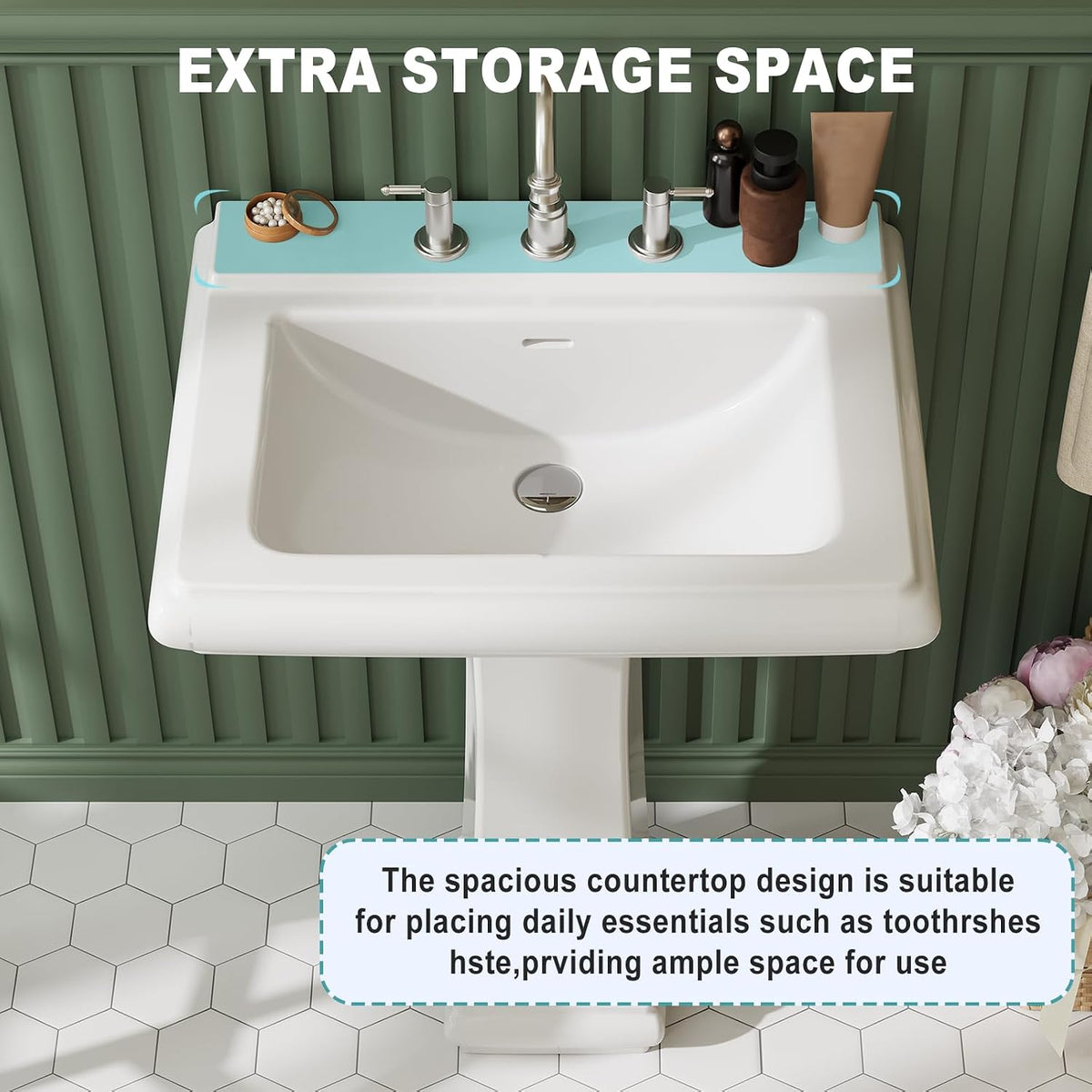 26" W X 20" D Bathroom Pedestal Sink, Rectangular White Ceramic Vanity Sink with Overflow and 3 Pre-Drilled Holes - Fits 8-Inch Faucets,Freestanding Restroom Sink Combo for Small Spaces