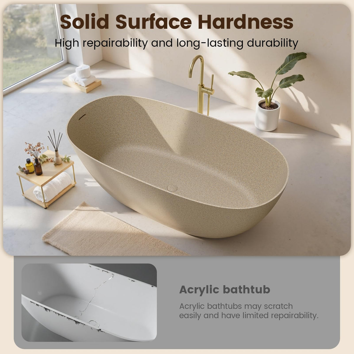 61''Stone Resin Freestanding Bathtub,Solid Surface Soaking Tub with Deep Bath Design, Modern Oval Free Standing Tub with Integrated Drain & Hidden Overflow, Starry Gray
