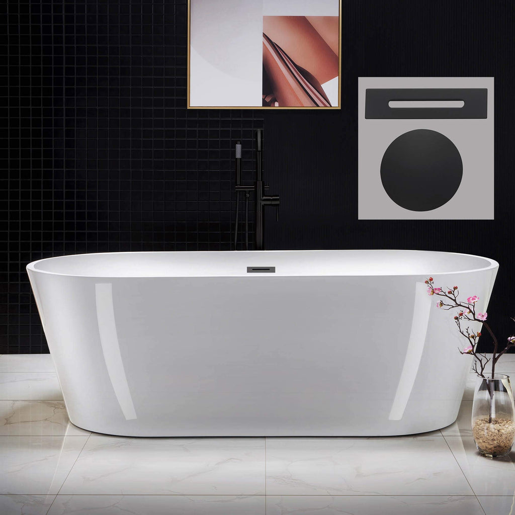 WOODBRIDGE 54" Acrylic Freestanding Bathtub Contemporary Soaking White Tub with Matte Black Overflow and Drain,BTA1702-MB