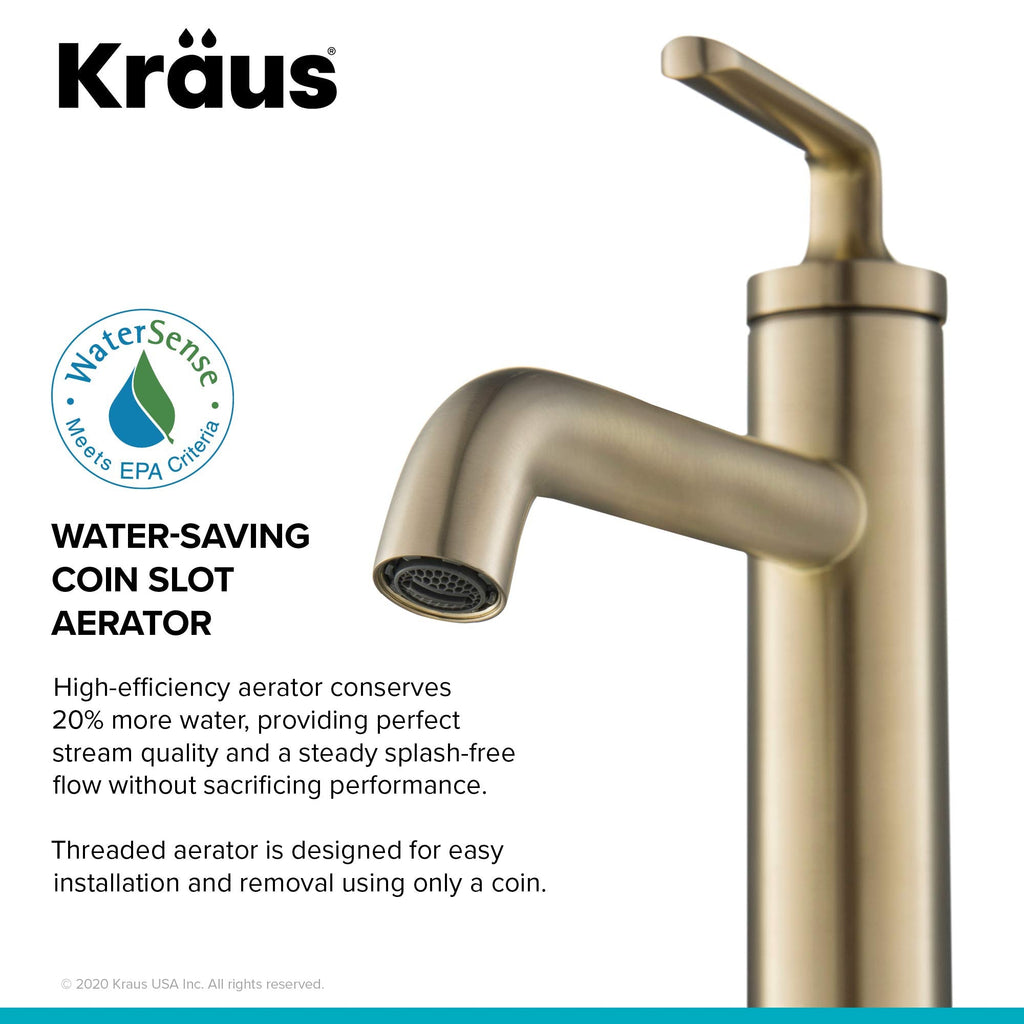 KRAUS Ramus Single Handle Vessel Sink Bathroom Faucet with Pop-Up Drain in Brushed Gold, KVF-1220BG
