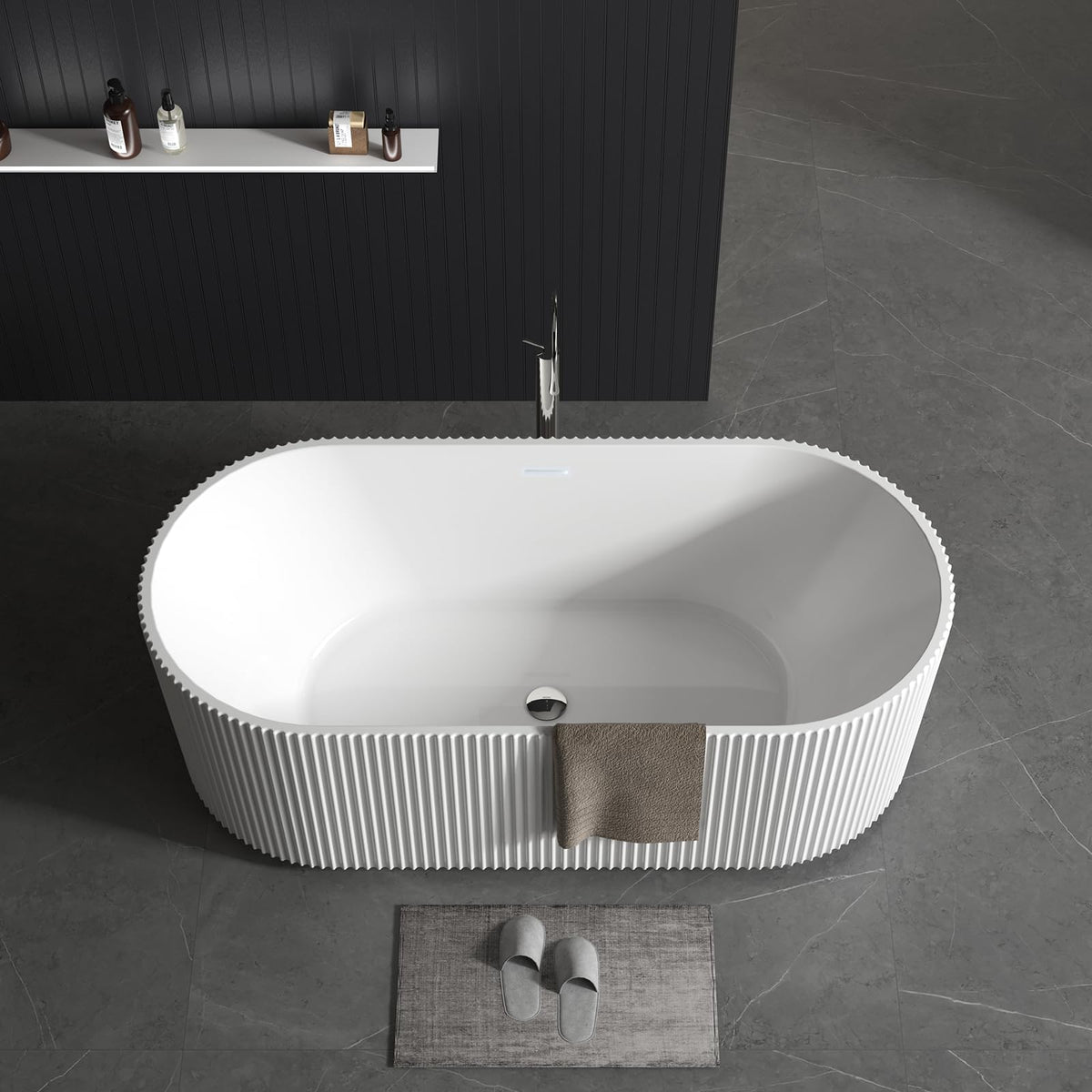 59" Acrylic Freestanding Bathtub, Modern Soaking Tub with Matte Drain and Overflow, Ergonomic Deep Design, Double-Walled Insulation, CUPC Certified, Easy Clean, Slip-Resistant, Gloss White