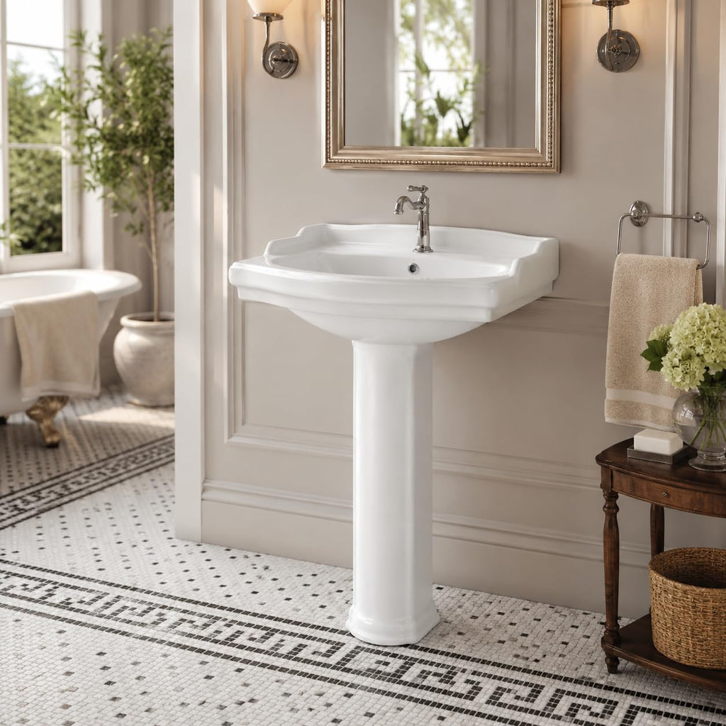 Garvee White Ceramic Pedestal Bathroom Sink, Single Hole Freestanding Basin