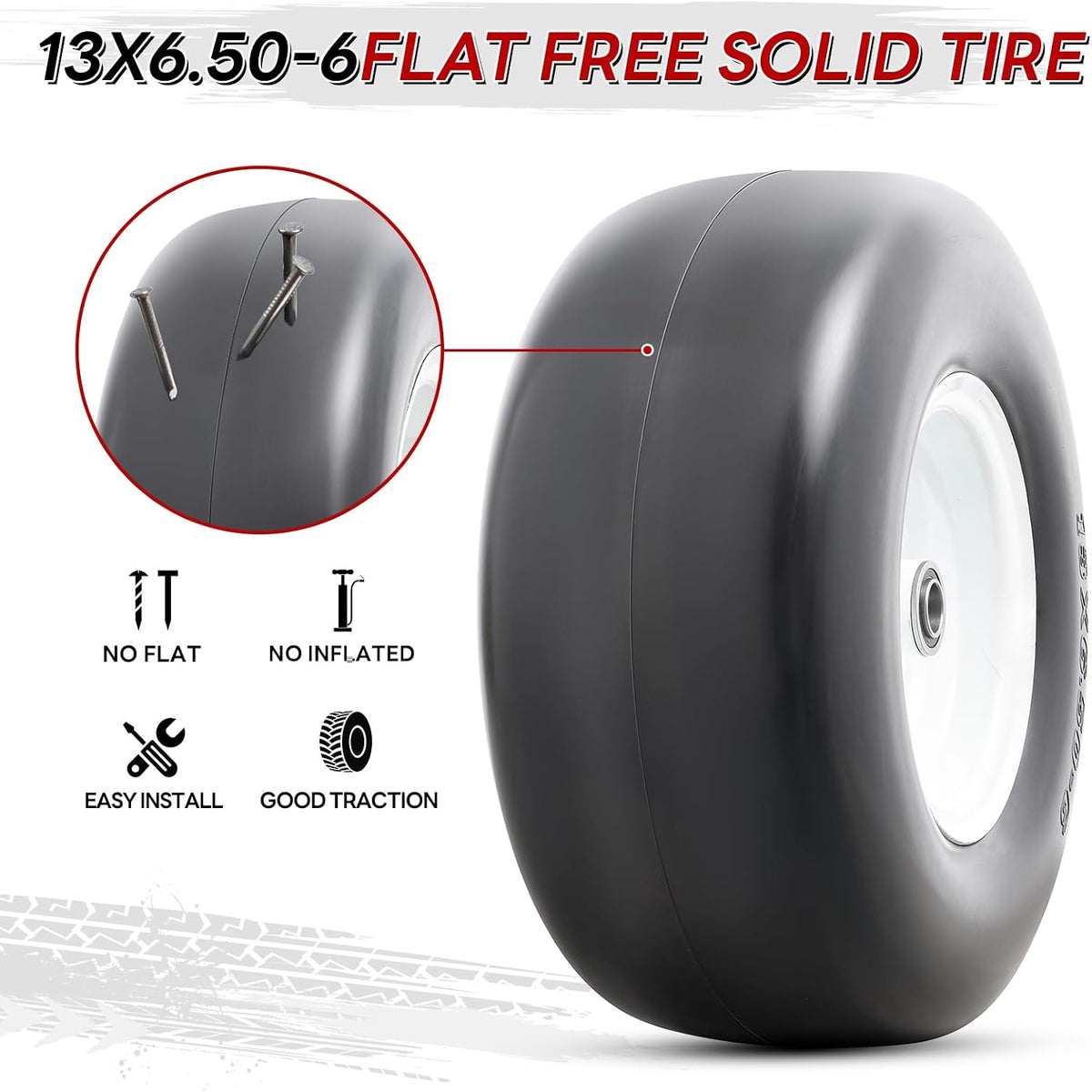 2PCS 13x6.50-6 Flat Free Lawn Mower Tires, 13" Solid Tire and Wheel