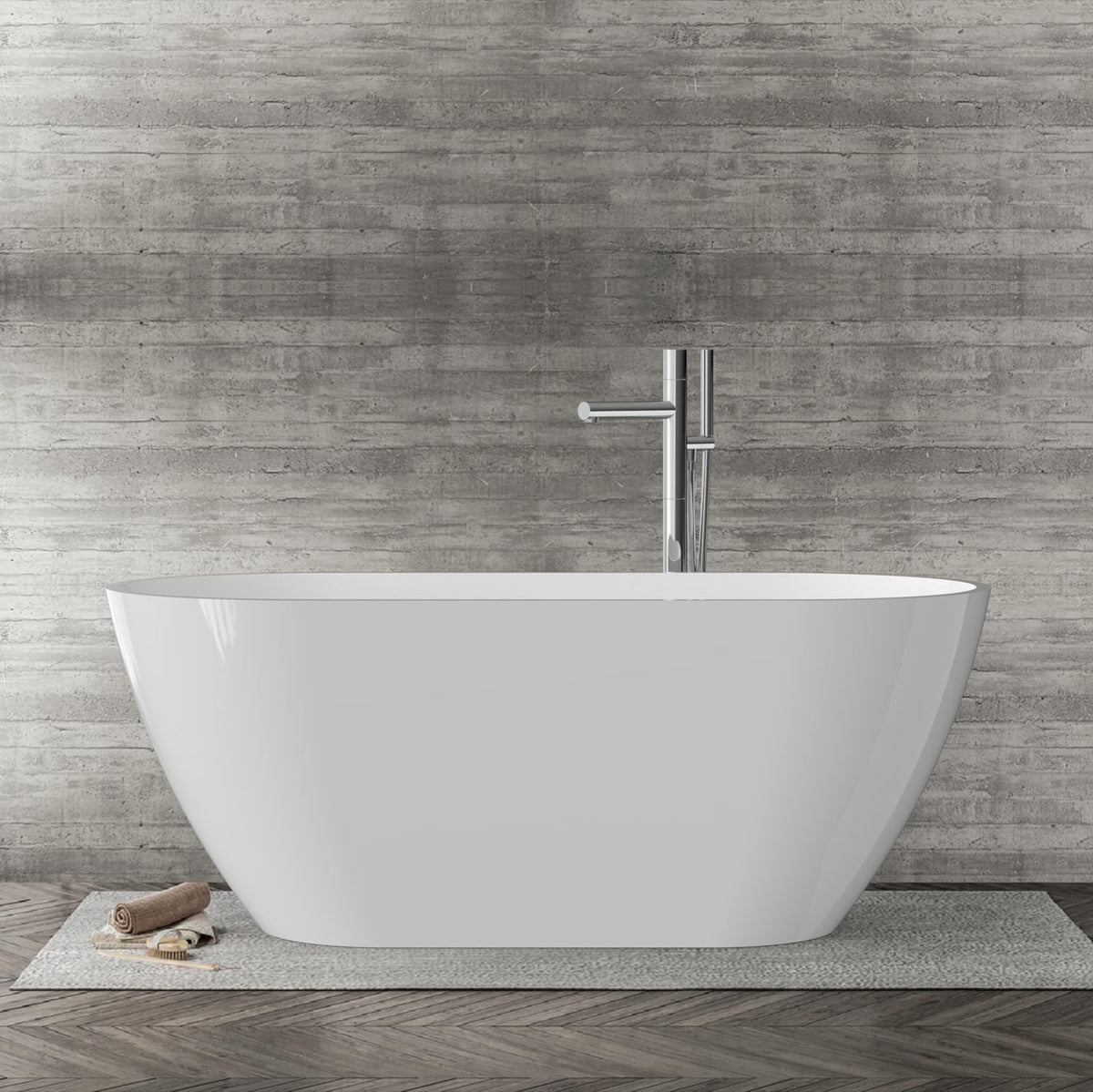 59" Acrylic Freestanding Bathtub, Modern Soaking Tub with Matte Drain and Overflow, Ergonomic Deep Design, Double-Walled Insulation, CUPC Certified, Easy Clean, Slip-Resistant, Gloss White