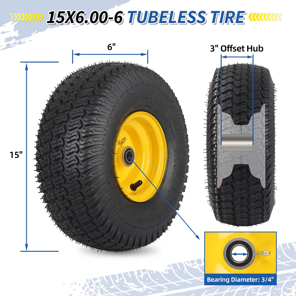 GICOOL 20x10.00-8 Lawn Mower Tire and Wheel, 3/4" Borehole, and 3/16" Keyway, 3.5" Offset Hub, 4 Ply Tubeless Tire, Replacement 20x10-8nhs Riding Lawn Mower and Tractor Rear Tire and Wheel Assemblies