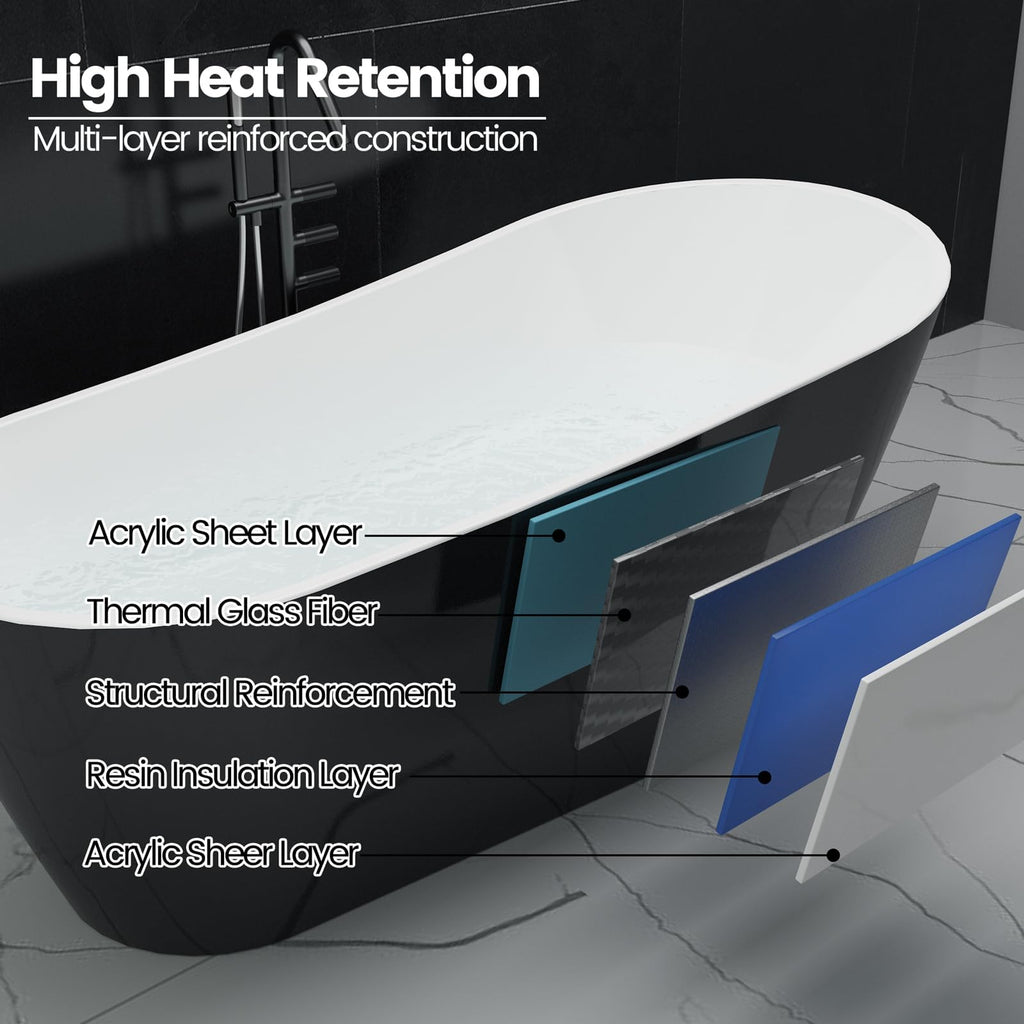 Freestanding Bathtub 59 inch Acrylic Free Standing Tub 59 Inch, Free Standing Tub with Chrome Drain & Overflow, Ergonomic Stand Alone Tub for Small Bathroom or Home Spa