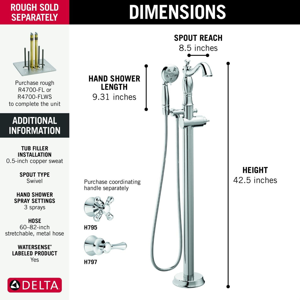 Delta Freestanding Tub Faucet with Hand Held Shower, Polished Nickel Floor Mount Tub Filler, Polished Nickel T4797-PNFL-LHP (Valve and Handle Not Included)