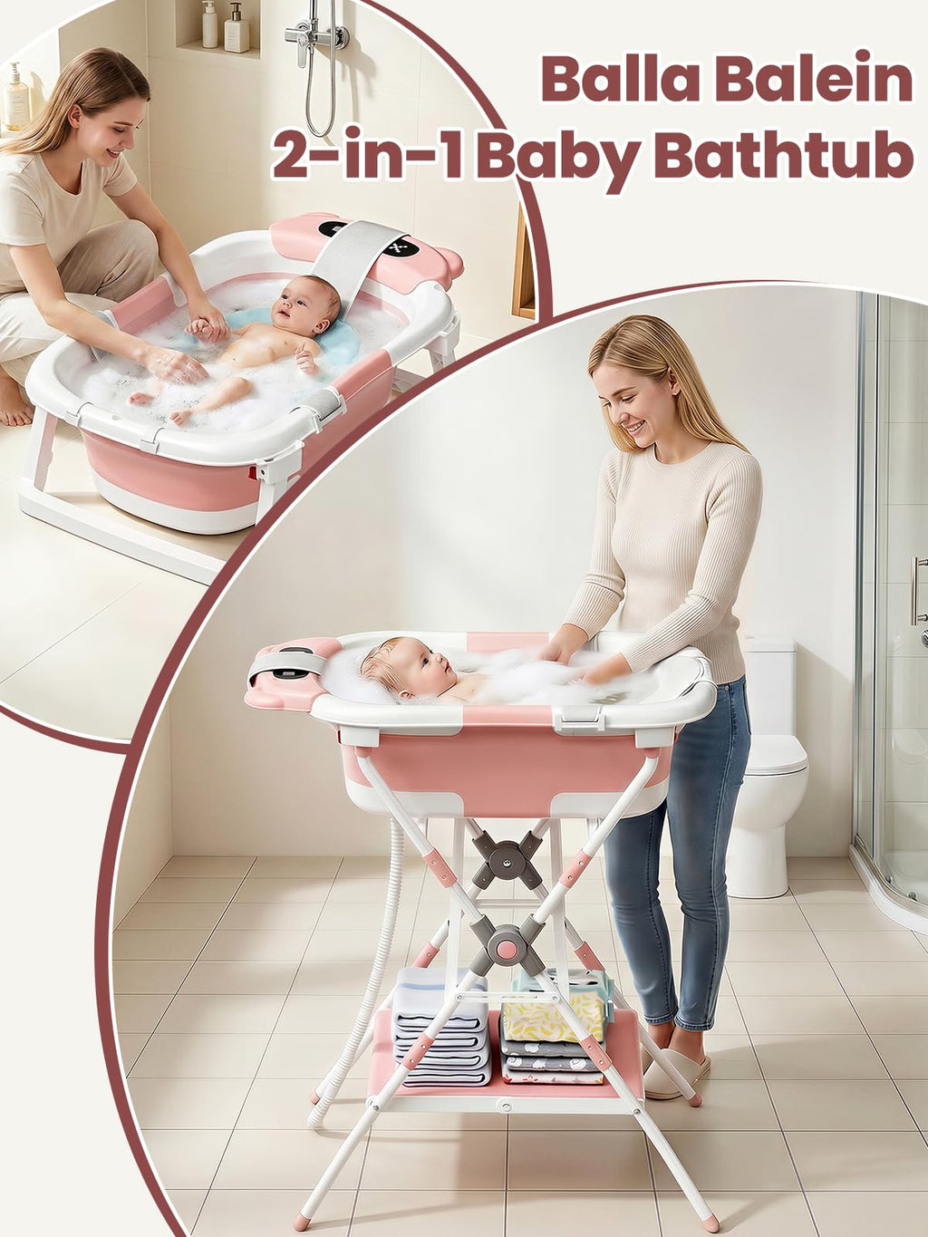 Baby Bathtub with Stand, Foldable Metal Standing Baby Bath Tub, 3-in-1 Anti-Slip Collapsible Tub with Cushion Storage Pad, Elevated Design for Newborn Toddler, Gray