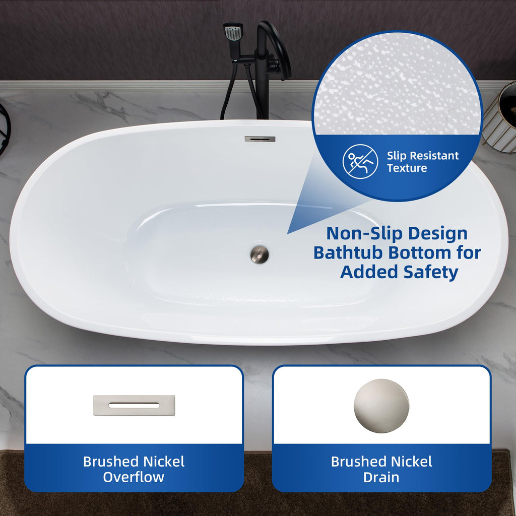 WOODBRIDGE 59"Freestanding White Acylic Soaking Bathtub with Brushed Nickel Drain and Overflow,BTA1518 -B/N-Drain &O