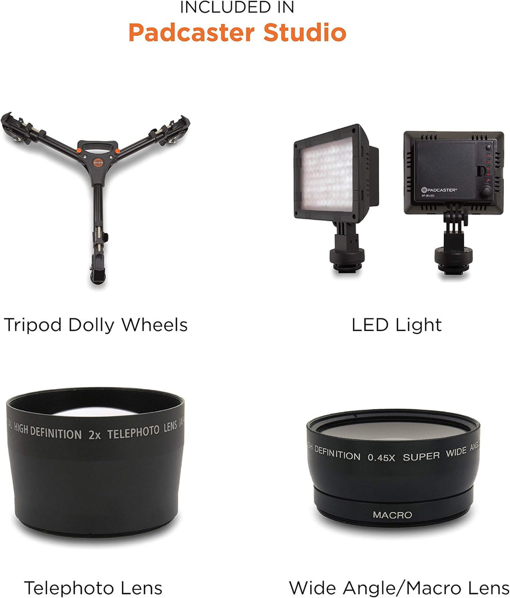 PADCASTER Studio, Portable Filmmaking Full Video Production Studio for iPads with Case, Microphones, Headphones, Tripod, Teleprompter and More, Compatible with iPad Pro 10.5