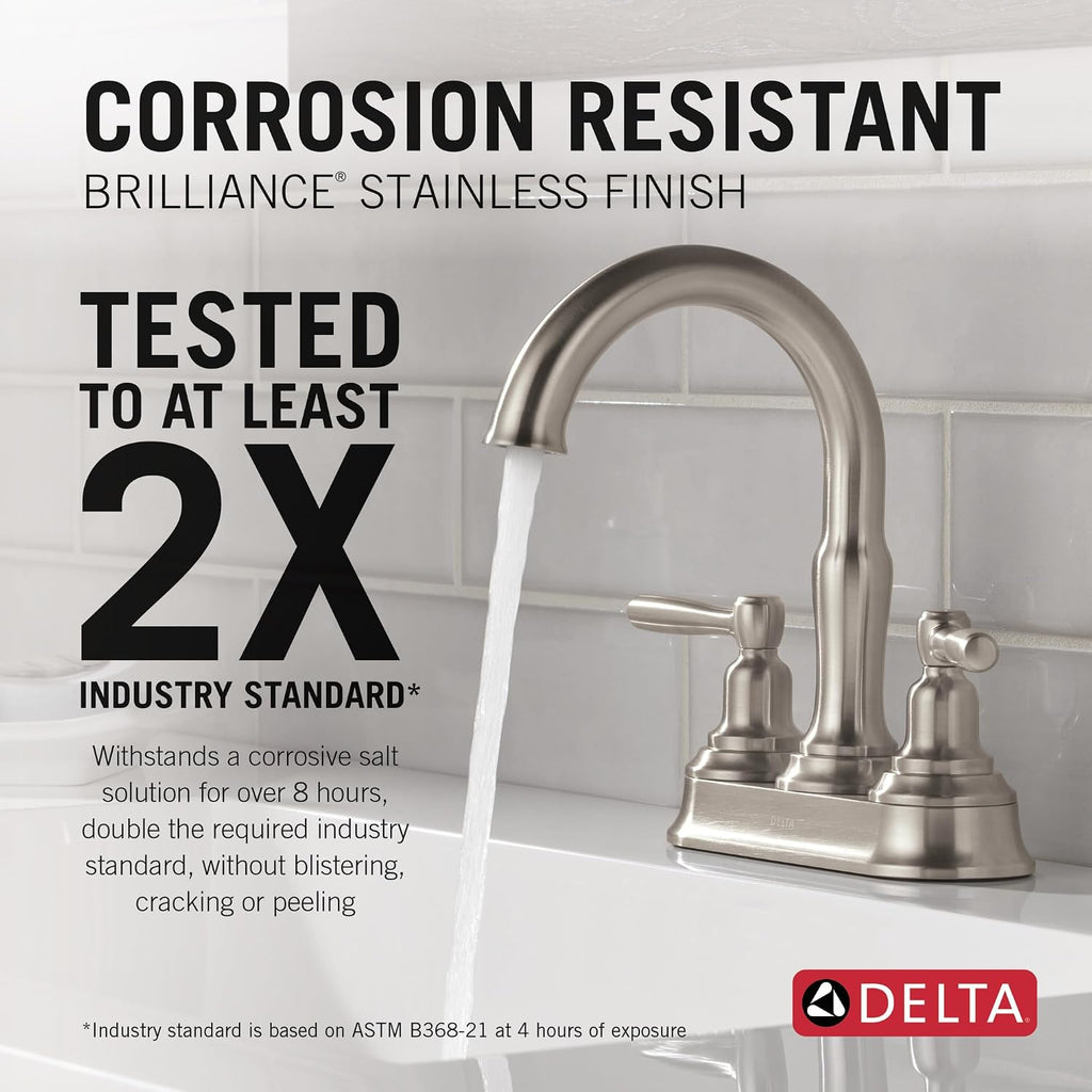Delta Roe Centerset Brushed Nickel Bathroom Faucet, 4 Inch 3 Hole Bathroom Sink Faucet for Vanity, Push-Pop Drain Assembly, Stainless 25985LF-SS
