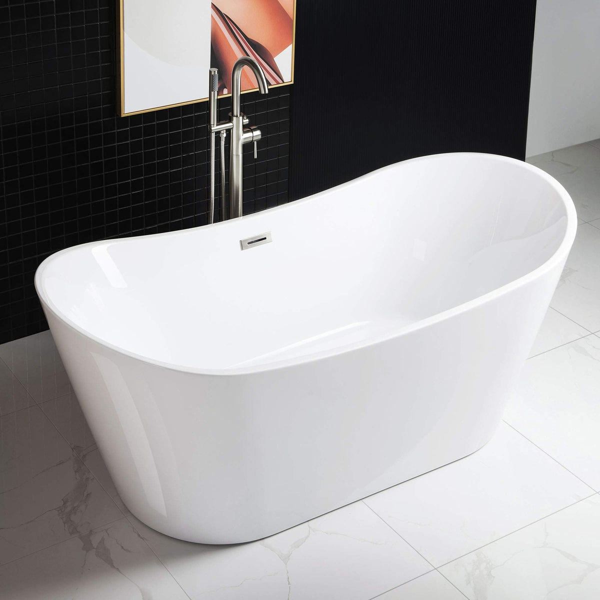 WOODBRIDGE 67" Acrylic Freestanding Bathtub Contemporary Soaking White Tub with Brushed Gold Overflow and Drain,B0010-BG