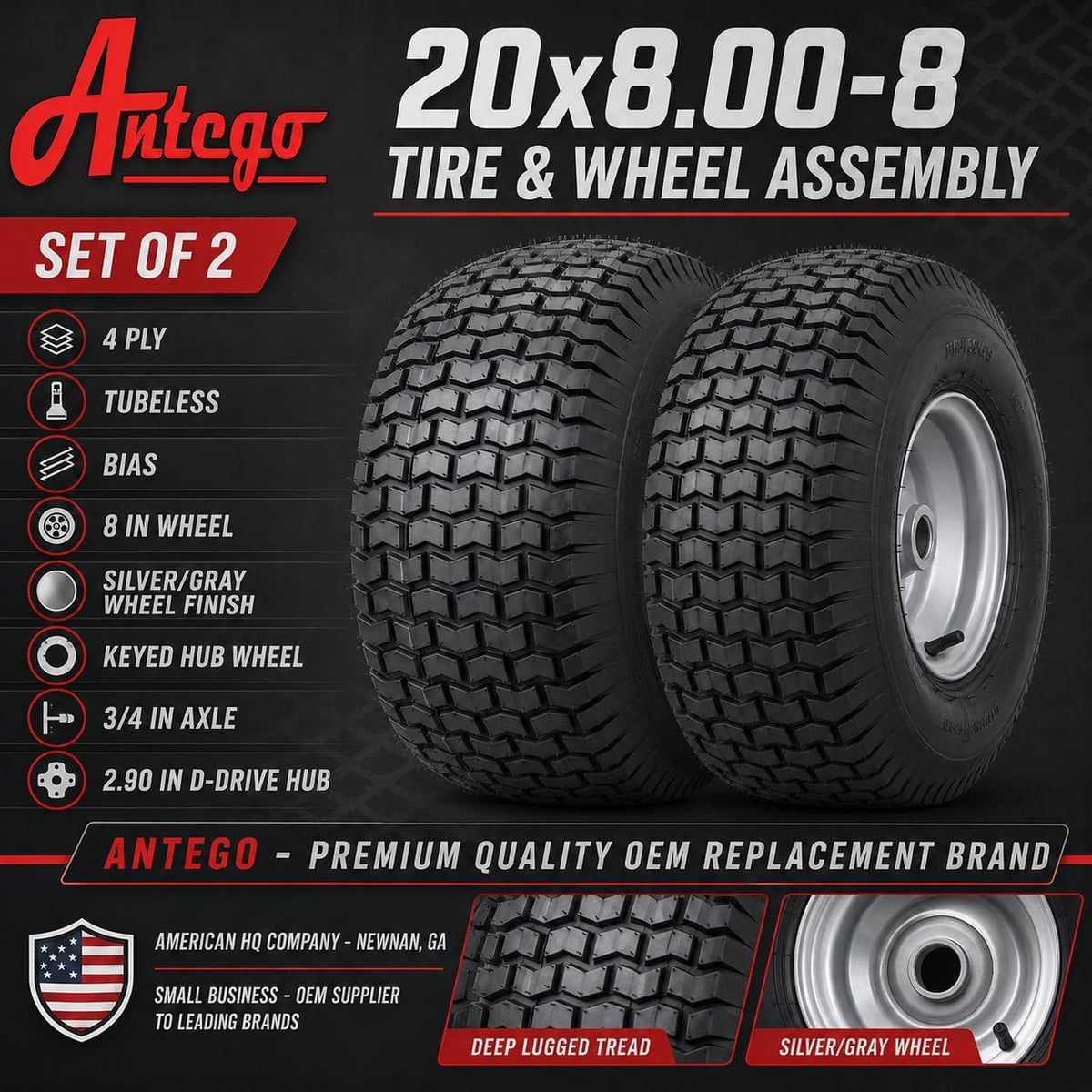 (Set of 2) 20x8.00-8 Lawn & Garden Mower Turf Tires - 4 Ply with Keyed Hub Wheel | Compatible with Husqvarna & Some Craftsman Models