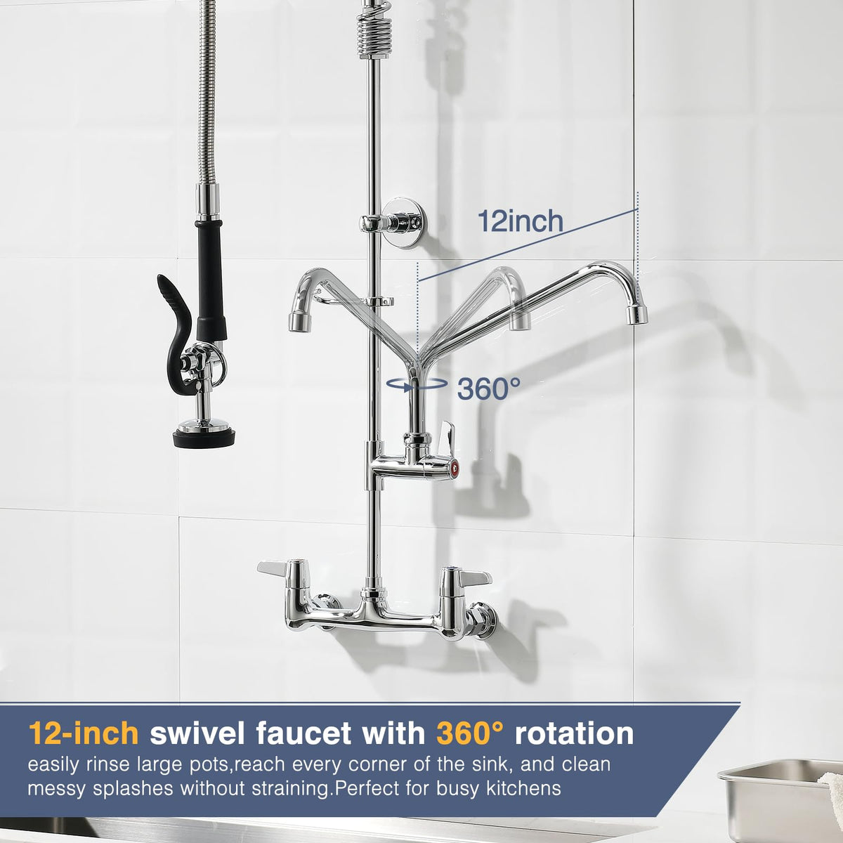 CENOSA 25" Commercial Sink Faucet Wall Mount with Pre-Rinse Sprayer