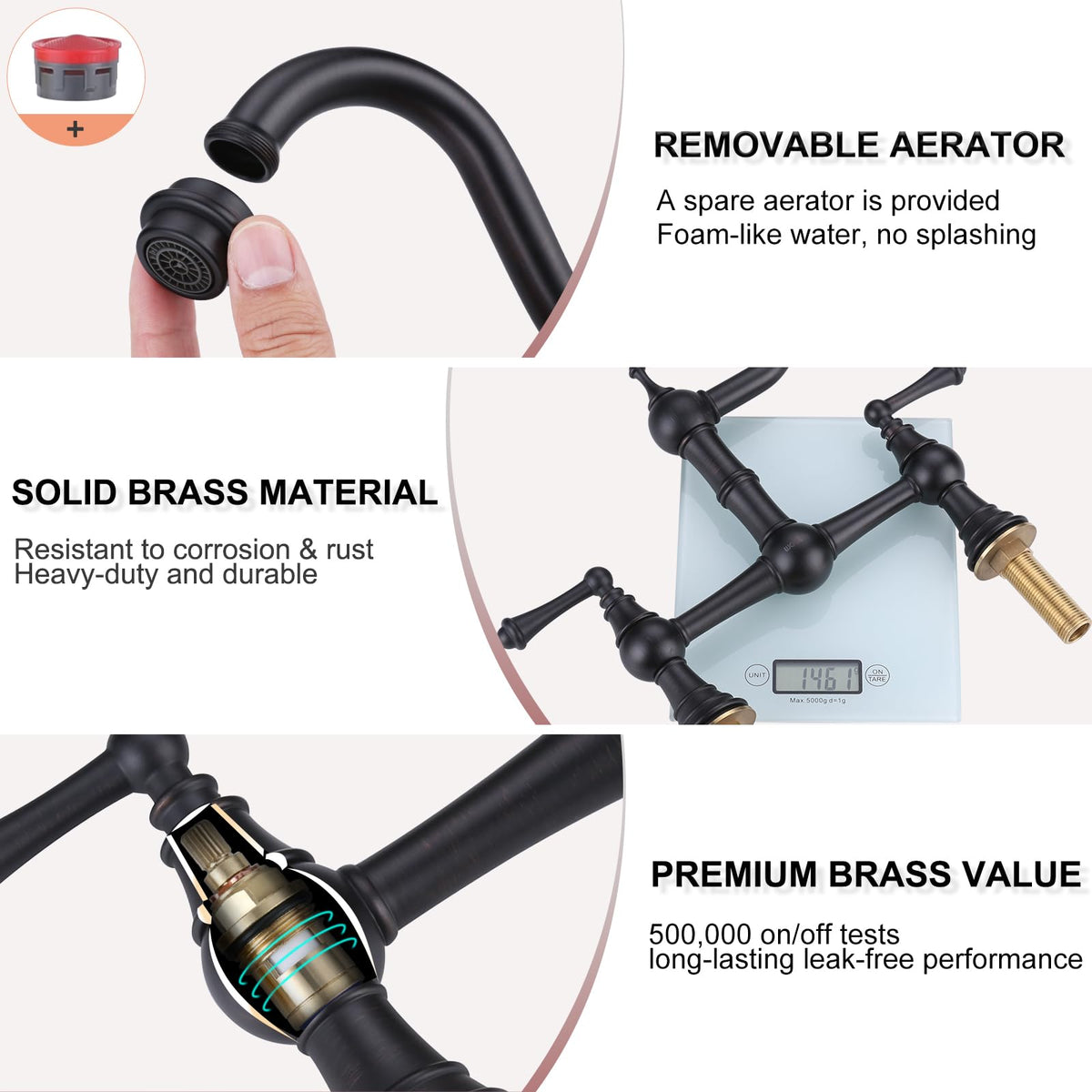 WOWOW Brass Bridge Kitchen Faucet 4 Hole with Side Sprayer, Brushed Gold